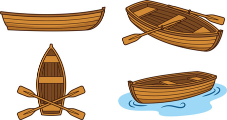 Wooden Rowboat Vector Set Featuring Vintage Style Rowing Boat Icons Wooden Oars and Water Surface Perspective Illustrations © Lal