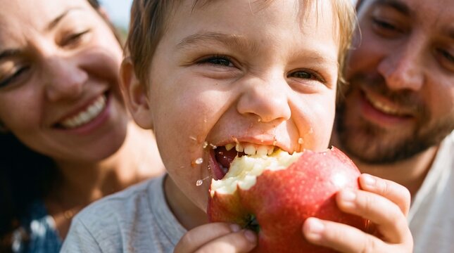 Happy little boy biting a juicy red apple with juice splashing, while his smiling parents watch him in the background during a sunny family picnic outdoors.