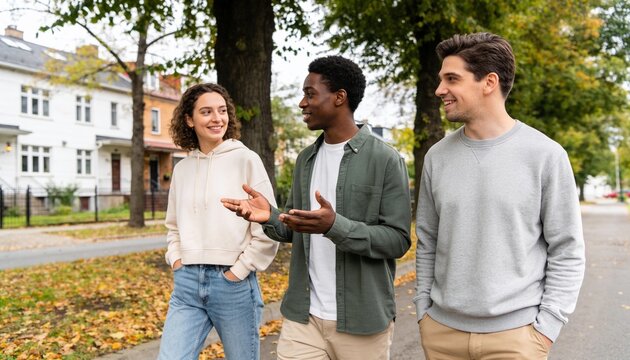 Diverse young friends walking and talking on a suburban street in autumn, group of people socializing and enjoying a walk together for friendship and community lifestyle