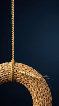 Woven straw wreath hanging on a rope against a dark background, showcasing intricate weaving and natural textures for decorative purposes