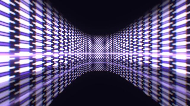 Luminous purple and white digital code matrix blocks curve across dark cyberspace in a high tech 3D animation loop