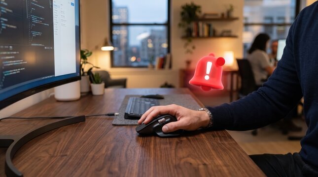Developer working at computer desk with red notification bell icon floating, software coding alert, system warning message, cybersecurity threat detection concept in office