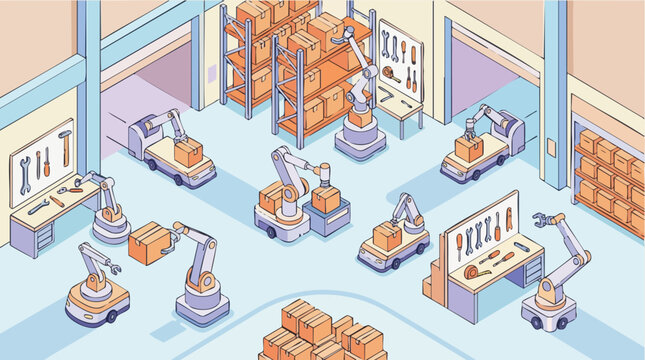 Modern automated warehouse interior with robotic arms sorting colorful boxes, concept for supply chain optimization, logistics management, and smart factory implementation