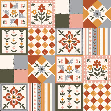 Retro folk floral patchwork seamless pattern with quilt blocks
