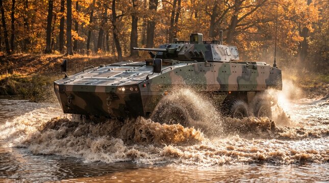 camouflaged military armored personnel carrier driving through water with heavy splash. army vehicle crossing river in autumn forest. armed forces offroad training. banner, website header.