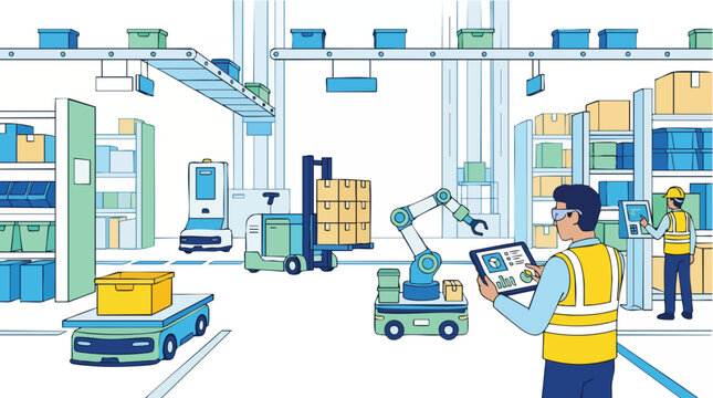 Modern industrial warehouse scene with automated conveyor systems and a worker using a tablet, concept for logistics management, supply chain optimization, and smart factory implementation