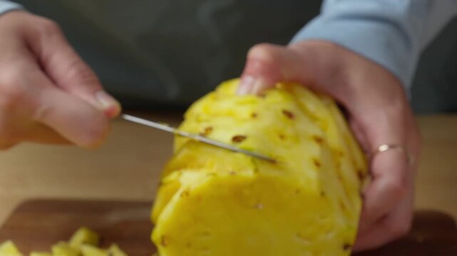 removing the pineapple eyes from a fresh pineapple with a kitchen knife