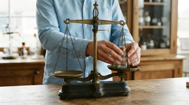 Person placing a small glass bottle on a vintage brass balance scale