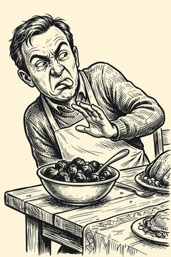 Man showing disgusted face at meal in vintage engraving style for food aversion concept.