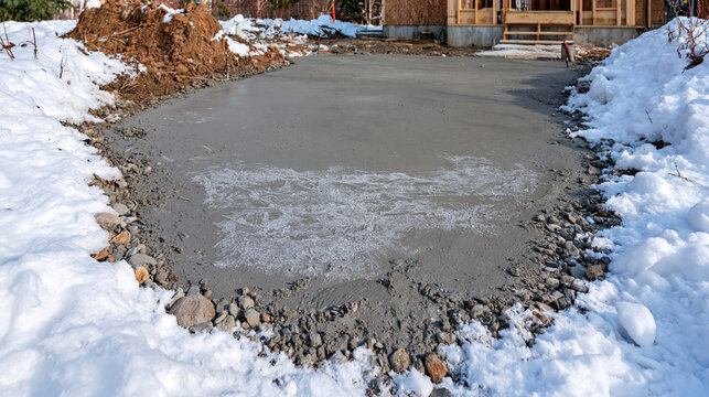 Close wide view of a freshly poured concrete foundation surrounded by deep snow, delicate ice crystals and intricate frost patterns forming across the damp cement surface, freezing construction cond