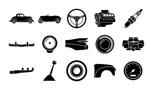 Vintage Car Parts Icons, Retro Automotive Components, Classic Vehicle Mechanics, 15 Black Vector Elements
