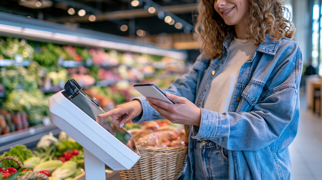 Customer holding a modern smartphone against a contactless payment reader at a supermarket self service checkout, grocery basket beside the kiosk, fresh food aisles in the background, NFC wireless t