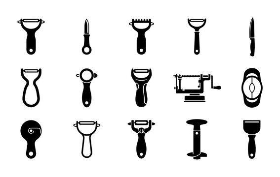 Kitchen Peeler Icons Set, Vegetable Slicer Tools, Fruit Prep Utensils, Cooking Gadgets Collection