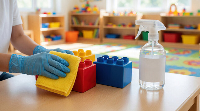 Person in blue gloves wipes colorful plastic building blocks with yellow cloth. Sanitizing toy bricks on table with disinfectant spray bottle in preschool classroom. Hygiene cleaning service