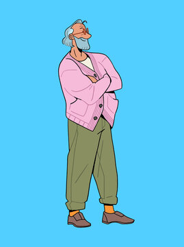 Old man teacher character design with arms crossed, happy smiling fashionable man with pink cardigan flat illustration