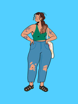 Young woman hippie bohemian student plus sized character design with brown curly hair and tote bag
