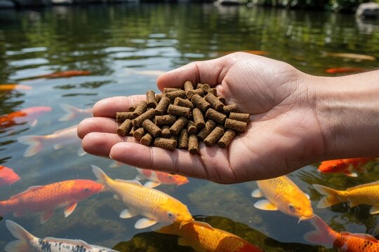 Hand holds fish food pellets over pond with koi carp. Person feeds colorful fish aquatic animals in water. Hobbyist cares for pets, pond life.