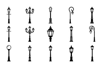 Naklejka premium Classic Street Lamp Icons, Vintage Lamppost Vector Set, Decorative Outdoor Lighting Elements for Urban Design