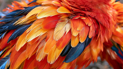 Obraz premium Macro view of colorful feathers in red, orange, golden yellow, and black, overlapping layers creating a striking abstract pattern, fine barbs and delicate textures clearly visible, cultural heritage