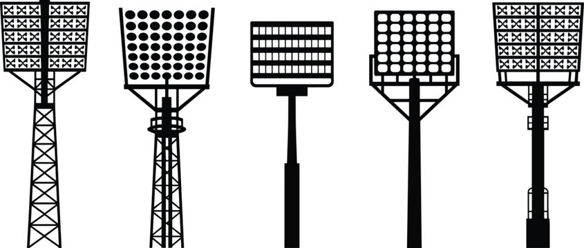 Collection of five different floodlight or stadium light tower silhouettes, black and white keywords: floodlight, stadium light