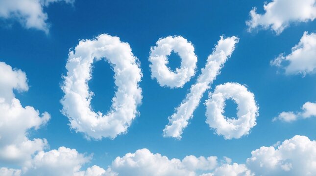 Zero percent sign made from clouds against a blue sky with fluffy white clouds scattered. Represents freedom from debt or zero interest rate offers.