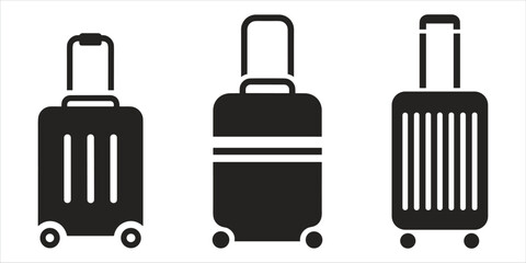 Collection of rolling suitcase black silhouettes of luggage with wheels and handles for travel and transportation themes © Gibon