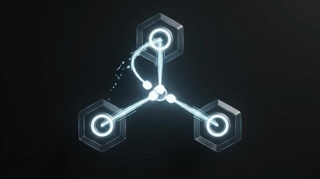 3D motion icon animation of three hexagon AI agent nodes exchanging signals while negotiating a shared workflow