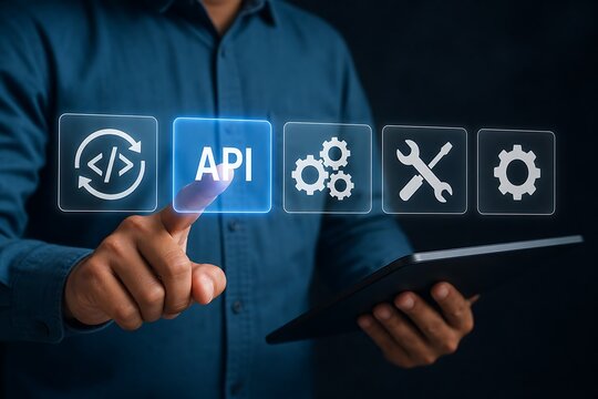 Finger selecting api icon among code, tools, and settings in digital interface