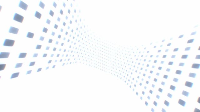 Curving wave of square digital data pixels floats across bright white cyberspace in a modern technological 3D render