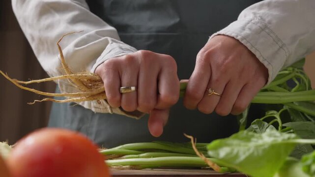 Preparing fresh amaranth greens by hand and removing roots before cooking