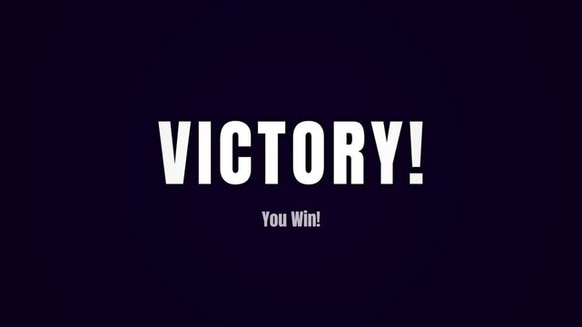 Victory! You Win! text animation on a dark purple background, bold white lettering transitioning to grey, celebratory message for gaming success, competition, or achievement, full HD video