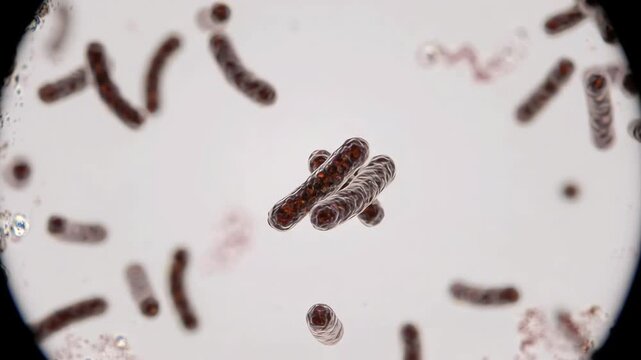 Mycobacterium tuberculosis bacteria slowly moving through a clean biological environment