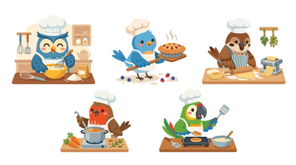 Fototapeta premium Cute Cartoon Birds as Chefs Cooking and Baking Delicious Food