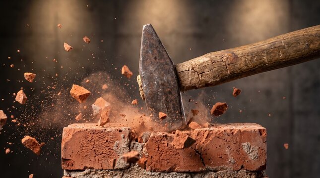 a heavy wooden hammer smashing and breaking red bricks with flying debris and dust.