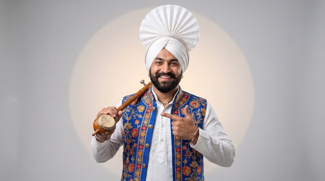 Portrait of a smiling sikh man in traditional attire holding a musical instrument