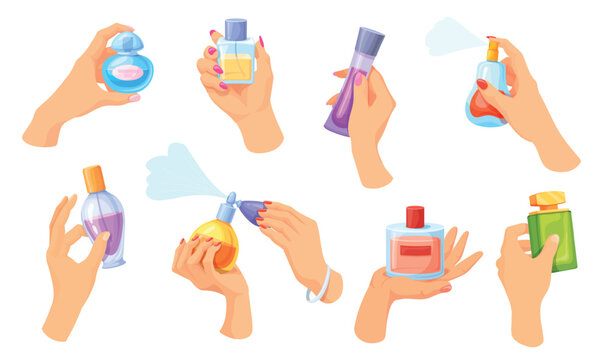 Hands hold perfume. Woman apply parfum spray on body, aromatic water in female arm natural fragrance glass bottle cologne flask rose scent pump perfumery, neat vector illustration