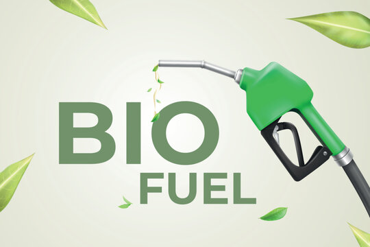 Biofuel poster. Realistic green fuel oil nozzle, biodiesel bio diesel recycle clean energy leaf plant sustainable renewable gas station pump eco technology 3d vector illustration