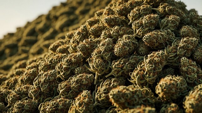 Large pile of cannabis buds ready for harvest. Represents cultivation production and sale of medical marijuana in a legalized context. Green herb industry agriculture market.