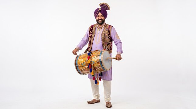 Smiling indian man wearing traditional punjabi attire and a turban, playing a dhol drum, isolated on white background