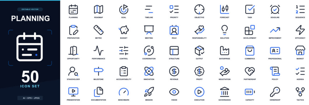 Planning icon set with roadmap, goal, timeline, priority, objective, forecast and task; editable outline vector symbols for business and professional workflow. Suitable for web and print.