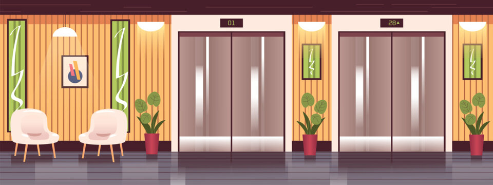 Elevator hall. Office lobby interior, elevators doors corridor lift closed door building entrance floor gate metal cabin hotel modern apartment flat background vector illustration