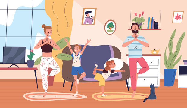 Family yoga. Parents with children do stretching exercises together home room interior, meditation relax wellness health relaxation pose morning workout scene vector illustration