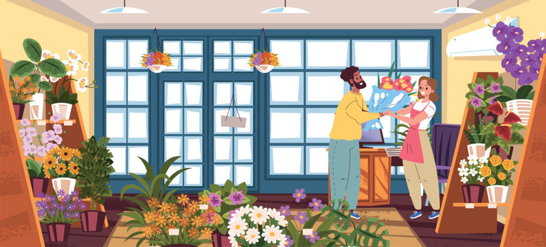 Florist shop. Flower market owner, woman seller sells bouquet to man floristry retail store cartoon interior flowers plant basket rose plant handicraft vendor vector illustration