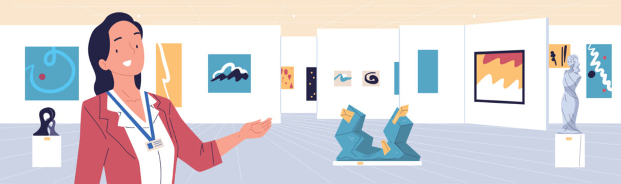 Gallery guide. Art museum exhibit woman curator, famous painting sculptures excursion tourist visitor classic culture indoor modern exhibition room interior vector illustration