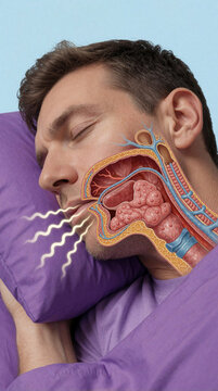 Illustration shows sleeping man with obstructed airway and snoring. Anatomy of throat, soft palate, and tongue is visible, indicating sleep apnea.