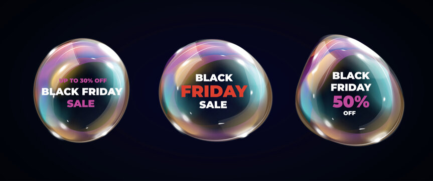 Realistic bubbles sale. Black friday sales promotion banner, realistic foam purple bubble discount offer cosmetic cleaning wash beauty product advertising 3d vector illustration