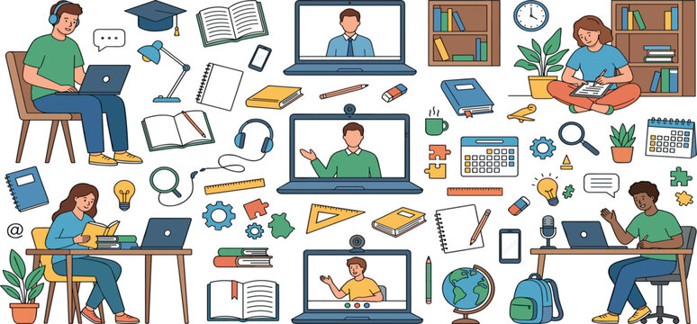 Online education and distance learning vector elements set featuring student laptops video conference call and school supplies
