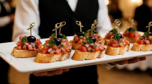 Waiter holds white platter with gourmet bruschetta appetizers. Italian crostini topped with tomato, onion, herbs, and olive. Ideal for events, weddings, parties, catering.