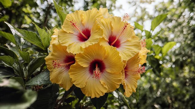 Vibrant yellow hibiscus flowers blooming outdoors in natural sunlight