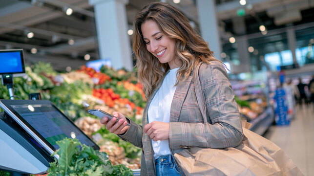 Young adult customer using smartphone mobile wallet to pay at a self checkout kiosk in a spacious modern grocery store, NFC reader detecting contactless transaction, fresh produce and retail shelves